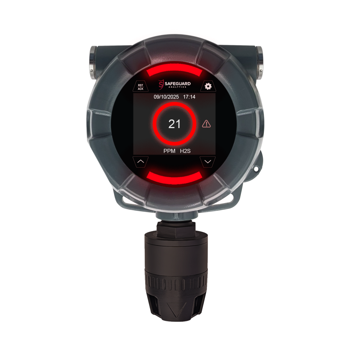 SA-220NH red alarm status ring showing 21 ppm H2S