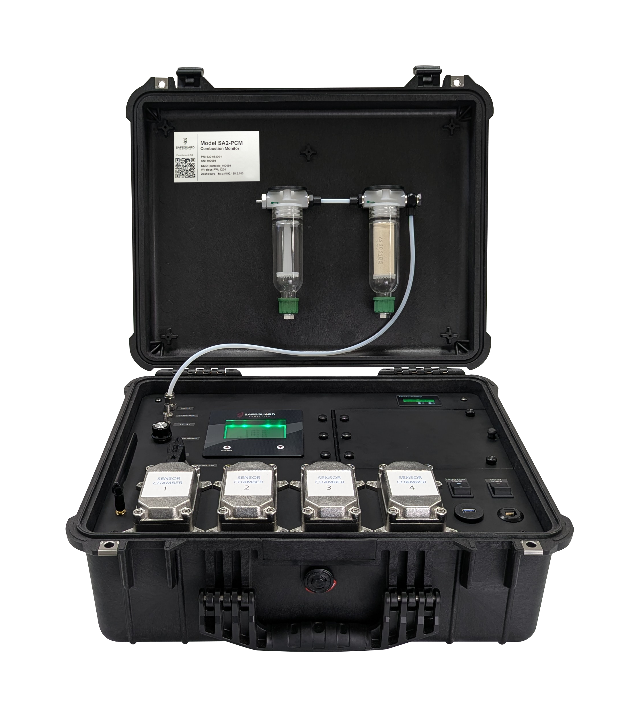 SA-PMSA Portable Multi-Sensor Analyzer open in its rugged case, showing four dual-sensor stainless steel chambers and the color LCD HMI