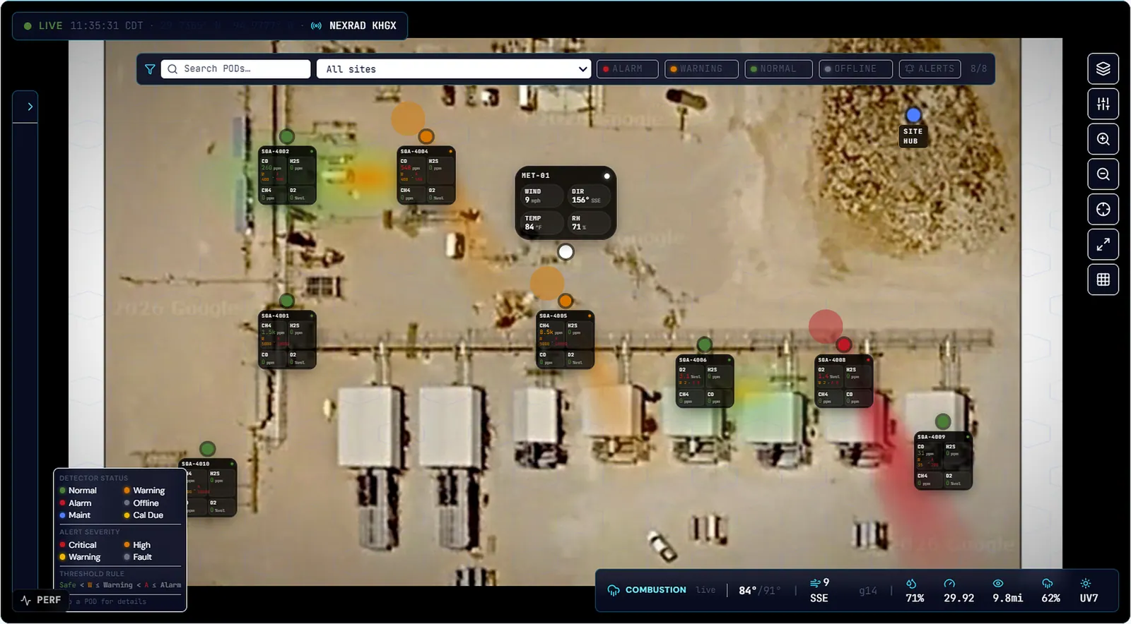 Foresight live site map with SA-220 detector PODs, gas plume overlays, meteorological station, and NEXRAD weather layer
