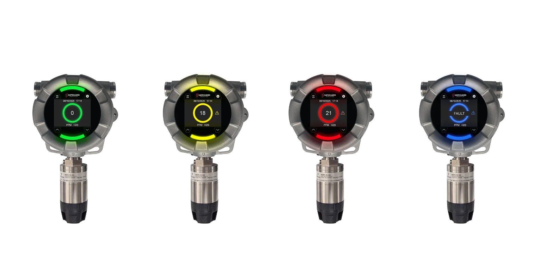 Four SA-220 industrial gas detectors showing green normal, yellow warning, red alarm, and blue fault LED status rings