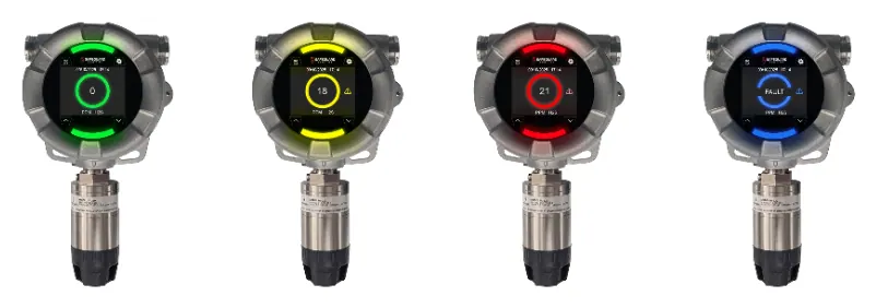 Four SA-220 industrial gas detectors showing green normal, yellow warning, red alarm, and blue fault LED status rings
