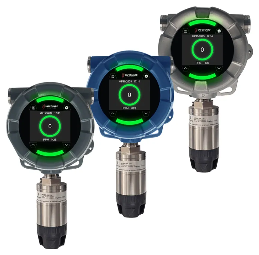 SA-220 industrial gas detectors in stainless steel, blue epoxy-coated, and aluminum enclosures with green normal-status LED edges