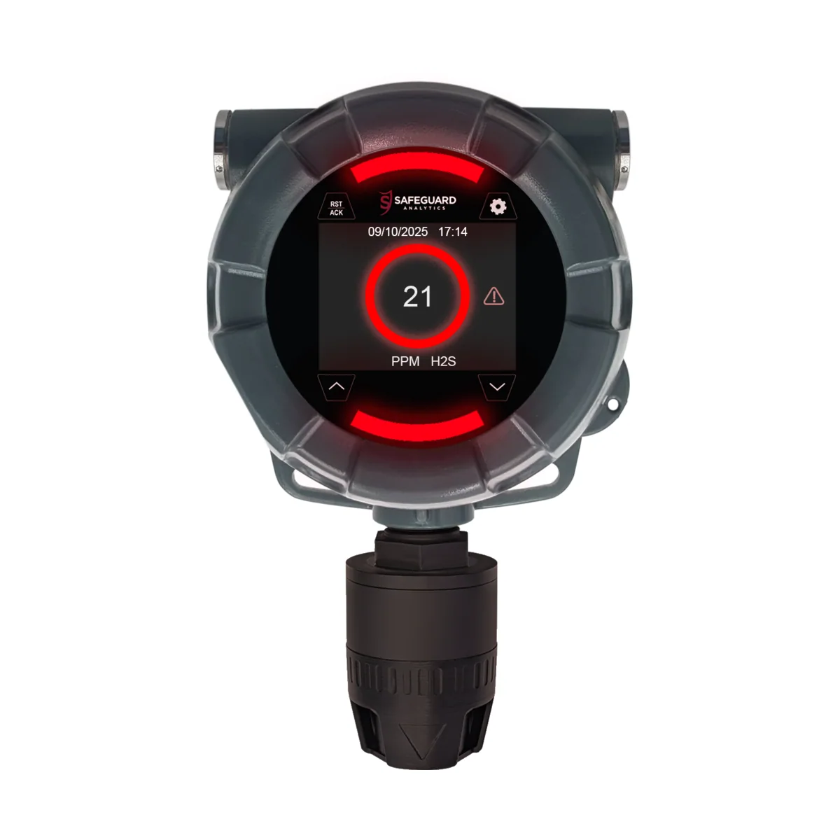 SA-220NH red alarm status ring showing 21 ppm H2S